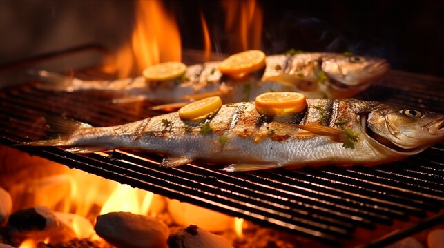 Grilled dorado fish cooking process with lemon, grilled fish barbecue. Generative AI,