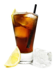 Cola with Lemon and clear Ice Cubes on Transparent PNG Background