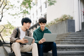 Two smart young Asian college students focusing on his school project, looking at laptop and tablet, discussing and working together at the campus park .
