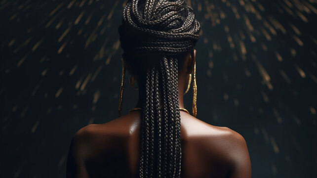 AI generative image of a back view of a young and elegant black woman with a braids hairstyle 