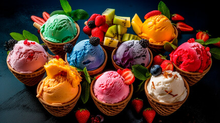 Variety of ice cream and frozen treats of berries and fruits. Generative AI,