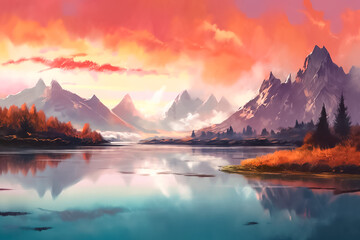 The illustration of the serene beauty of nature, where towering mountains and a gently streaming river create a harmonious landscape that will captivate your senses. Generative AI...