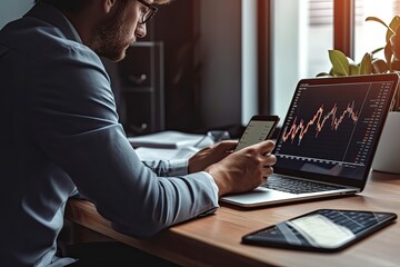 Naklejka na ściany i meble Businessman analyzing investment charts with laptop. Stock exchange trading concept