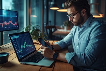 Businessman analyzing investment charts with laptop. Stock exchange trading concept