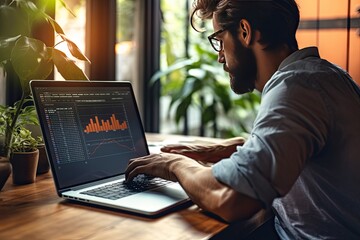 Businessman analyzing investment charts with laptop. Stock exchange trading concept