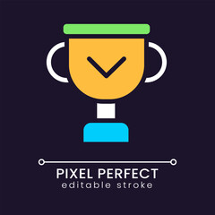 Winner cup pixel perfect RGB color icon for dark theme. Achievement and award. Development motivation. Simple filled line drawing on night mode background. Editable stroke. Poppins font used