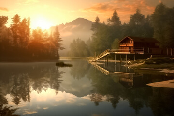 Fototapeta premium The illustration of the sunset awe-inspiring sight of majestic mountains as they embrace a serene stream, painting a mesmerizing picture of tranquility and grandeur. Generative AI.