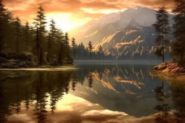 Fototapeta premium The illustration of the sunset awe-inspiring sight of majestic mountains as they embrace a serene stream, painting a mesmerizing picture of tranquility and grandeur. Generative AI.