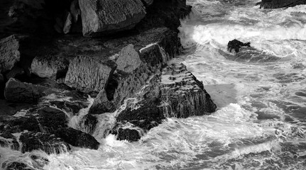 “Hell Headland“ cliff panorama with powerful surf on the Atlantic coast of Martinique island,...