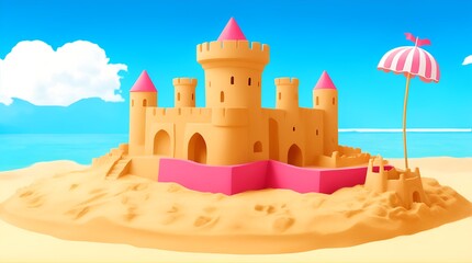 Sand castle on the beach. Summer vacation concept. cartoon style