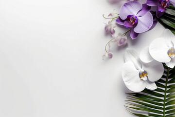 A bunch of exotic leaves and orchid flowers. Generative AI. Copy space, place for text, copyspace.