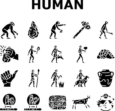 human evolution man caveman icons set vector. monkey evolve, ape darwin, theory computer, history homo, anthropology human evolution man caveman glyph pictogram Illustrations