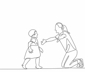 Single continuous one line drawing joyful little girl meeting mother. parent family day. Daughter running to hug mom. One line design vector illustration