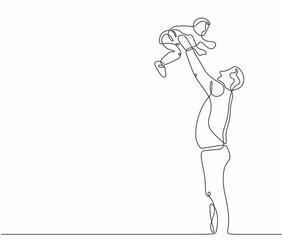 Continuous single drawn one line dad tosses a toddler by hand. Laugh together with baby. Happy playing with his baby. parents day vector.