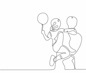 One line drawing of father holding daughter playing balloon. Parents and father day single line art vector illustration