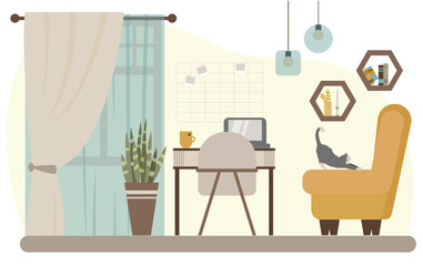  interior of working cabinet with furniture and accessories, cat, armchair, and plant. Design of Living room. Vector illustration in flat style