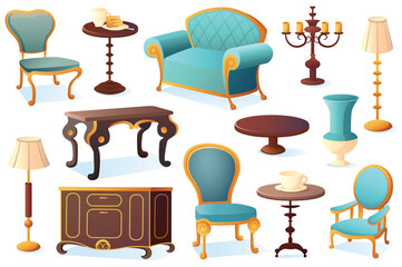 Antique furniture set. A flat, cartoon-style design featuring a set of antique furniture. Vector illustration.