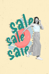 Vertical collage image of black white effect girl arm hold inflatable ring sale limited time only offer isolated on beige background