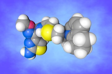 Cefpirome, antibiotic. Space-filling molecular model. Atoms are shown as spheres with color coding: carbon (grey), oxygen (red), hydrogen (white), nitrogen (blue), sulfur (yellow). 3d illustration