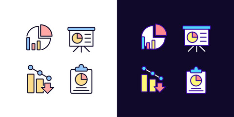 Business analytics pixel perfect light and dark theme color icons set. Data analysis. Financial forecast. Statistics. Simple filled line drawings. Bright cliparts on white and black. Editable stroke
