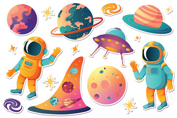 Space stickers set. This illustration features a flat, cartoon-style design of a set of space stickers, including planets, stars, and spaceships. Vector illustration.