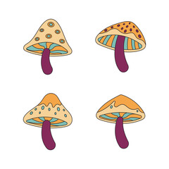 Trippy mushroom retro set. Retro 70's psychedelic hippie mushroom illustration.