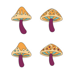 Trippy mushroom retro set. Retro 70's psychedelic hippie mushroom illustration.
