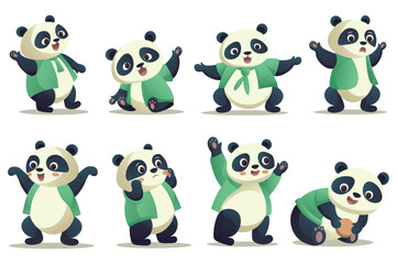 Cute panda set. This illustration is a set of cute panda designs in a flat and cartoon style, showcasing a creative and playful design. Vector illustration.