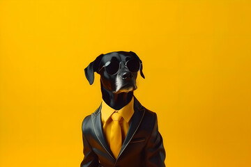 Stylish cool dog in a black business jacket, suit and black glasses as a successful businessman. Minimal creative concept of business, fashion and success. Generative AI. - obrazy, fototapety, plakaty