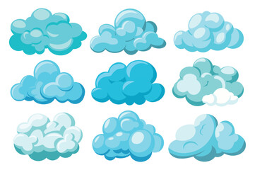 Blue clouds set. This illustration set features a series of blue clouds designed in a flat and cartoon style. Vector illustration.