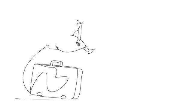 Self drawing animation of single line draw Arab businessman jumping over big briefcase. Executive manager working accessory. Success business competition. Continuous line draw. Full length animated