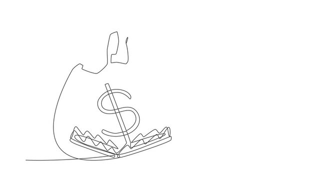 Animated self drawing of continuous one line draw businesswoman jumping over money pitfall with money dollar symbol. Financial trap, ponzi scheme or business pitfall. Full length single line animation