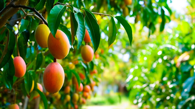 Mango garden on trees. Generative Ai,