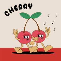 Cute groovy character cherry. Vector illustration in cartoon retro style of the 70s.