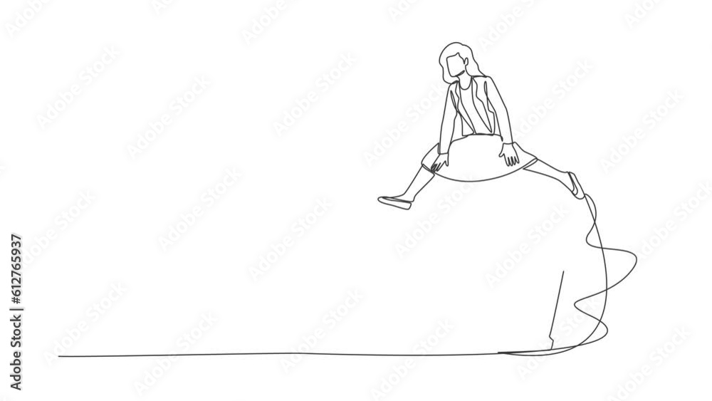 Poster animated self drawing of continuous line draw businesswoman jumping over laptop. office system infor
