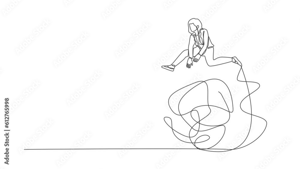 Poster self drawing animation of single one line draw businesswoman jumping over tangled scribble. overcomi