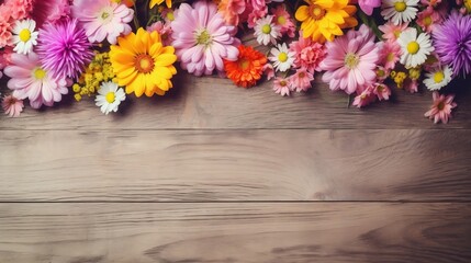 Garden flowers on wooden table background for design, generative AI