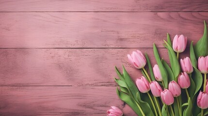 Tulip border with copy space. Beautiful frame composition of spring flowers. Bouquet of pink tulips flowers on green vintage wooden background, generative AI