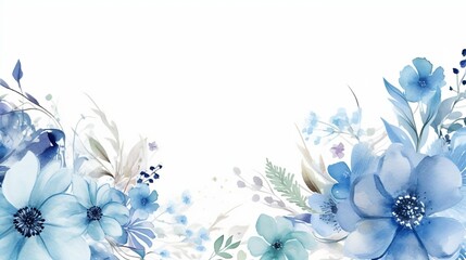 Watercolor blue floral frame with white background, generative AI