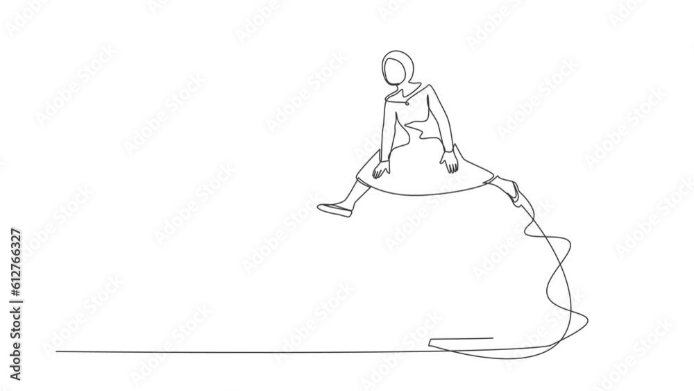 Poster self drawing animation of single one line draw arab businesswoman jumping over big laptop. data comp