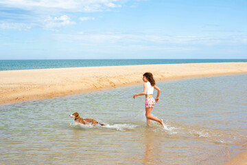 Pretty young girl playing in the water with her dog on the sunny beach