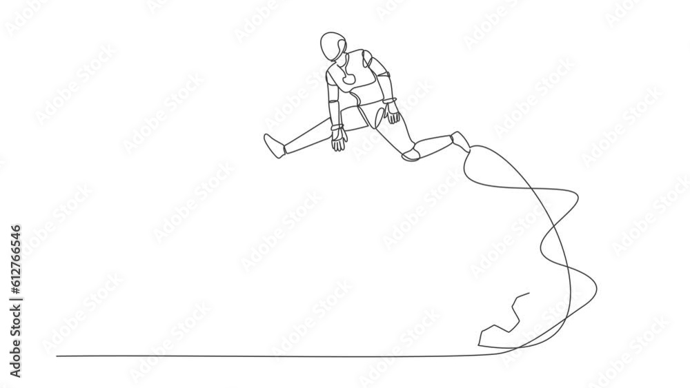 Poster animated self drawing of continuous line draw robot jumping over big gears. developing business inno