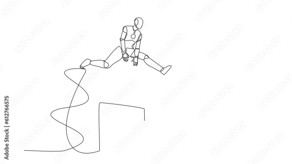 Poster animated self drawing of continuous line draw robot jumping padlock. business protection security. s