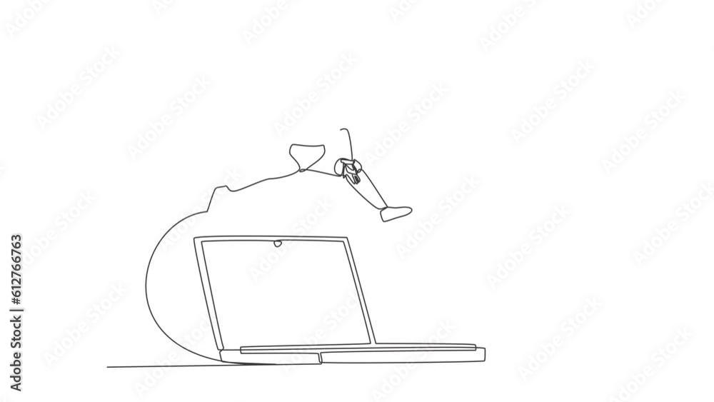 Poster self drawing animation of single line draw robot jumping over big laptop. office system information 