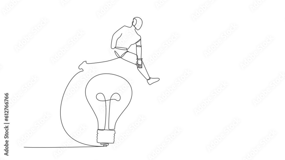 Poster animated self drawing of continuous line draw robot jumping over light bulb. innovation transformati