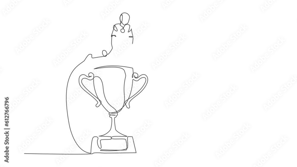 Poster animated self drawing of continuous line draw robot jumping over trophy. challenge or succeed in bus