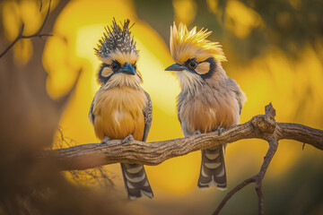 pair of Crested Cagou birds (Rhynochetos jubatus), perched on a branch at golden hour, in forest