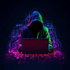 Hacker in the hood  holds laptop in his hands on a dark background. Internet crime concept. Generative AI technology
