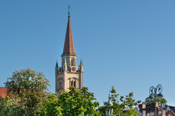 Fototapeta na wymiar The center of the city of Wałbrzych, view of the church tower.