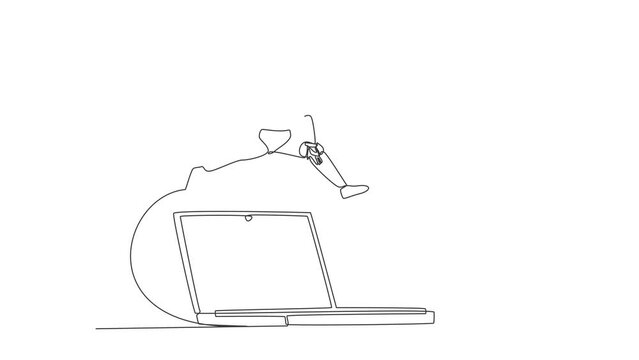 Self drawing animation of single line draw robot jumping over big laptop. Office system information technology digital. Technology artificial intelligence. Continuous line draw. Full length animated
